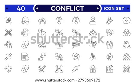Conflict Resolution and Workplace Dispute Outline Icon Set with Argument, Leadership, Teamwork, Competition, Bullying, Crisis, and Problem-Solving Symbols for Business and Human Resources Design.

