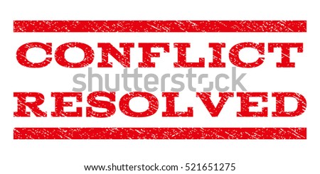 Conflict Resolved watermark stamp. Text tag between horizontal parallel lines with grunge design style. Rubber seal red stamp with unclean texture. Vector ink imprint on a white background.