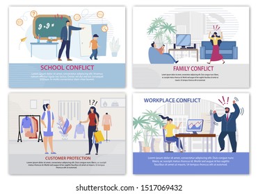 Conflict Situation in Daily Life Landing Page Set. Work, Family, School, Shop Problems. Quarreling between Coworkers, Wife and Husband, Seller and Customer, Teacher and Pupils. VEctor Illustration