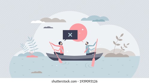 Conflict situation with opposite opinions and interests tiny person concept. Businessman challenge, frustration and struggle with disagreement battle vector illustration. Negotiation with dead end.