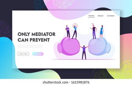 Conflict Situation Website Landing Page. People Arguing Standing on Huge Boxing Gloves with Mediator Person in Center Trying to Stop Aggressive Fight Web Page Banner. Cartoon Flat Vector Illustration