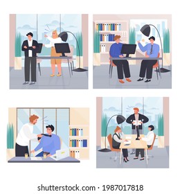 Situaciones de conflicto en el lugar de trabajo. Los colegas argumentan que el jefe enojado grita al empleado. Estrés en la oficina. Colección de actividades populares. Ilustración vectorial de caracteres en diseño plano