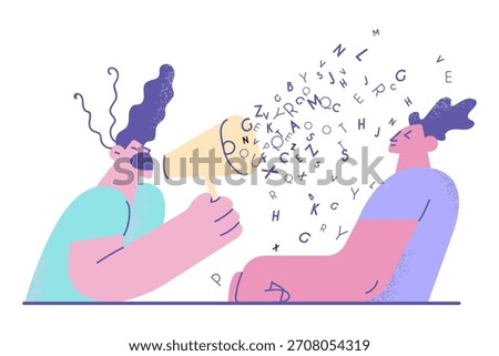 Conflict and troubles in communication concept. Angry young woman cartoon character with megaphone sitting and screaming at stressful frightened man with alphabet letters vector illustration