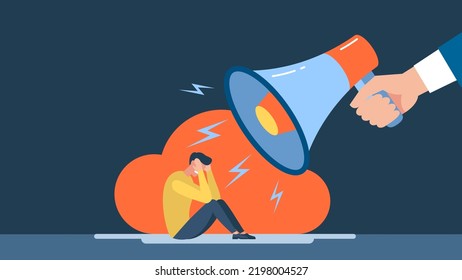 Conflict and troubles in communication concept. Bullying, harassment at work, families. Angry man character with megaphone  screaming at sitting stressful frightened man. Vector business illustration