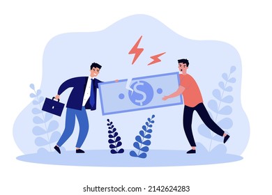 Conflict Of Two Business Competitors Pulling Money. Fight Over Cash Banknote Of Tiny Male Characters Flat Vector Illustration. Financial Battle Concept For Banner, Website Design Or Landing Web Page