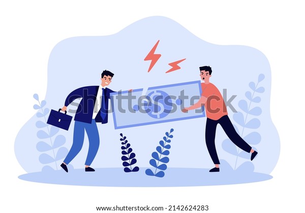 Conflict of two business competitors pulling money.\
Fight over cash banknote of tiny male characters flat vector\
illustration. Financial battle concept for banner, website design\
or landing web page