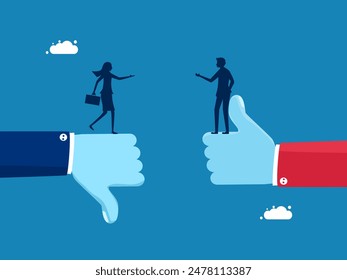 Conflict. Two businessmen think differently on thumbs up and down