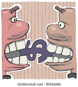 Conflict of two greedy men biting a dollar sign with big teeth