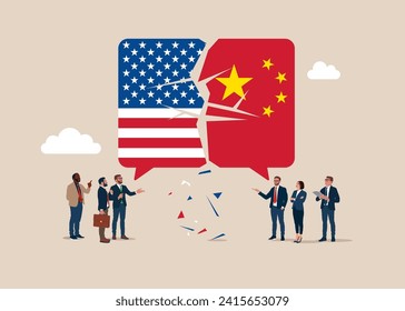 Conflicto con dos socios comerciales opuestos como disputa económica de importaciones y exportaciones. Desglose de las comunicaciones Estados Unidos de América y China.  Ilustración vectorial plana