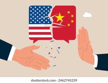 Conflict with two opposing trading partners USA and China. Symbol of misunderstanding, negotiation problems, miscommunication, argument. Flat vector illustration