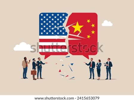 Conflict with two opposing trading partners as an economic import and exports dispute. Communication breakdown United States of America and China.  Flat vector illustration