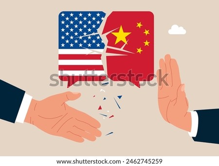 Conflict with two opposing trading partners USA and China. Symbol of misunderstanding, negotiation problems, miscommunication, argument. Flat vector illustration