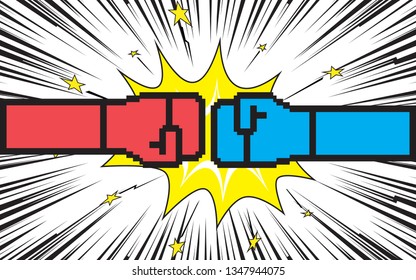 Conflict with two opposite sides and speed lines background. Effect motion lines for comic book and manga. Radial rays from center of frame with effect explosion. Template for design. Vector