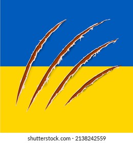 Conflict Ukraine-Russia. Flag of Ukraine. War in Ukraine. Nail trace. Ragged edges. Red claw animal track. Vector illustration. EPS10