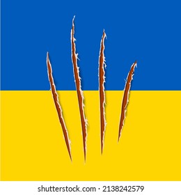 Conflict Ukraine-Russia. Flag of Ukraine. War in Ukraine. Nail trace. Ragged edges. Red claw animal track. Vector illustration. EPS10