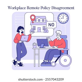 Conflict at virtual office concept. Two employees engaged in a remote work policy dispute, expressing opposing opinions. Office dynamics and teamwork challenge. Vector illustration.