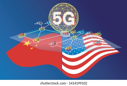 Conflict War 5G Digital Network Between The United States And China.with Flag Of The United States And China On A Blue Background.vector Illustration