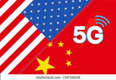 Conflict War 5G Digital Network Between The United States And China.with Flag Of The United States And China Background.vector