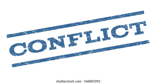 Conflict watermark stamp. Text caption between parallel lines with grunge design style. Rubber seal stamp with unclean texture. Vector cobalt blue color ink imprint on a white background.