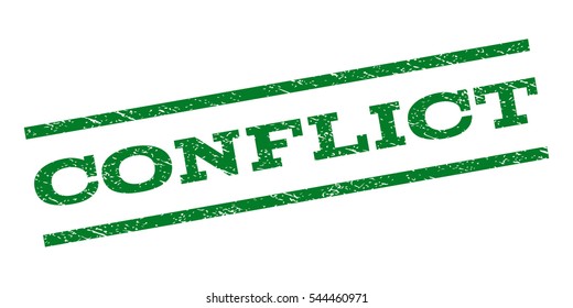 Conflict watermark stamp. Text caption between parallel lines with grunge design style. Rubber seal stamp with dust texture. Vector green color ink imprint on a white background.