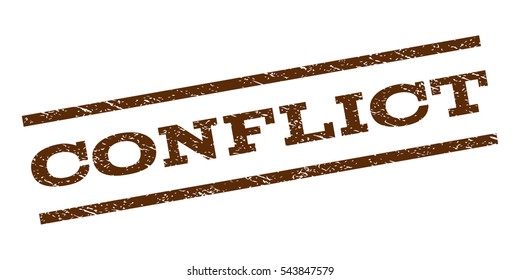 Conflict watermark stamp. Text tag between parallel lines with grunge design style. Rubber seal stamp with dirty texture. Vector brown color ink imprint on a white background.