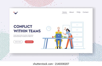Conflict within teams Landing Page Template. Businesswoman and Man Arguing and Quarrel in Office. Business Dispute, Disagreement Concept with Characters Yell and Fighting. Cartoon Vector Illustration