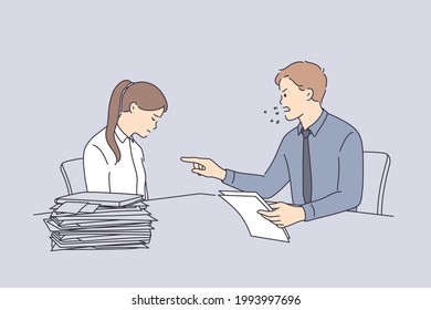 Conflict at work and angry boss concept. Furious director businessman sitting and swearing at sad unhappy worker girl with heap of documents on table in office 