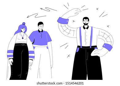 Conflict at work - colorful flat design style illustration on white background with linear elements. A purple colored composition with cute characters. An angry boss, confused male, female colleagues