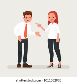 Conflict at work. A woman boss scolds an office worker man. Vector illustration in a flat style Conflict at work. A woman boss scolds an office worker man. Vector illustration in a flat style
