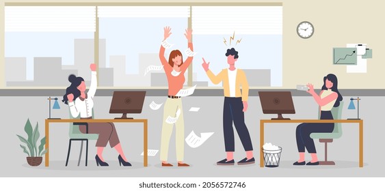 Conflict at workplace concept. Bad relations between colleagues. Angry employees at meeting argue and swear with each other. Cartoon modern flat vector illustration isolated on white background