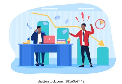 Conflict in the Workplace with two colleagues having a heated verbal argument after their performance crashes, colored vector illustration