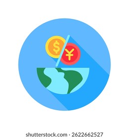 Icono de color plano redondeado de la mini ilustración de la zona de conflicto, uso para las guerras comerciales, economía, negocio, finanzas, competencia económica, UI, kit de UX, App y desarrollo de Web, digital o impreso.