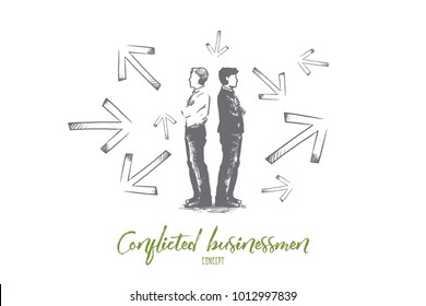 Conflicted businessman concept. Hand drawn conflicted businessmen choosing between directions with arrows around them. Difficult choice and hard decision isolated vector illustration.