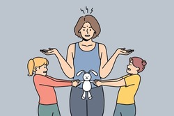 Conflicting Children Over Toy And Embarrassed Mother Throwing Up Hands And Needing Help Of Nanny. Two Hyperactive Conflicting Girls Fight Over Plush Bunny, Not Wanting To Share With Sister