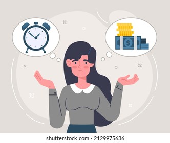 Conflicting Interrelated Values. Young Woman Thinks And Makes Decision In Matter Of Time And Money. Employee Chooses Between Wealth And Freedom. Cartoon Contemporary Flat Vector Illustration