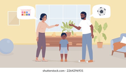 Konflicierende Elternstile flache Vektorgrafik. Unglücklicher Vorschulkind und streitende Eltern. Heldenbild. Vollständig bearbeitbare, einfache 2D-Cartoon-Figuren mit Wohnzimmer auf Hintergrund