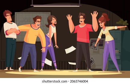 Conflicting people composition with indoor scenery of office and cartoon characters of people expressing negative emotions vector illustration
