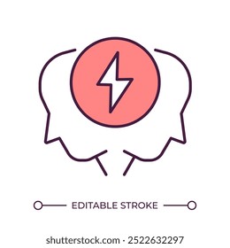 Conflicting people RGB color icon. Human profiles and lightning bolt. Group discussion and disagreement. Tension concept. Isolated vector illustration. Simple filled line drawing. Editable stroke