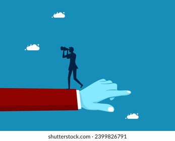 Conflicting thoughts. Businessman looks into binoculars in opposite direction with giant hand pointing