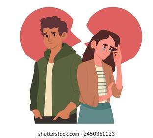 conflictos entre pareja, mujer llorando y hombre triste. Ilustración vectorial.