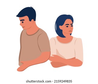 Conflicts between husband and wife disagreement, resentment, divorce or misunderstanding in the family. A man and a woman in a quarrel stand with their backs to each other. Flat vector illustration