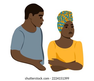 
Conflictos entre el desacuerdo, el resentimiento, el divorcio o el malentendido entre el marido y la mujer en una familia afroamericana. La mujer se queda con la espalda a su marido. Ilustración vectorial plana