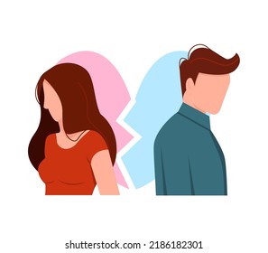 Conflicts between husband and wife. Man and woman in a quarrel. Relationship problems. Depression and anxiety. Divorce. Vector cartoon characters illustration. Heart broken person.