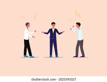 Conflicts and contradictions solution and business mediation banner with cartoon business people, flat vector illustration. Mediator or conciliator on business negotiation.