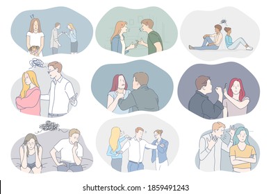 Conflicts in couple, misunderstanding, problems in communication concept. Young couples arguing, fighting, having problems with mutual understanding and quarrelling with each other illustration 