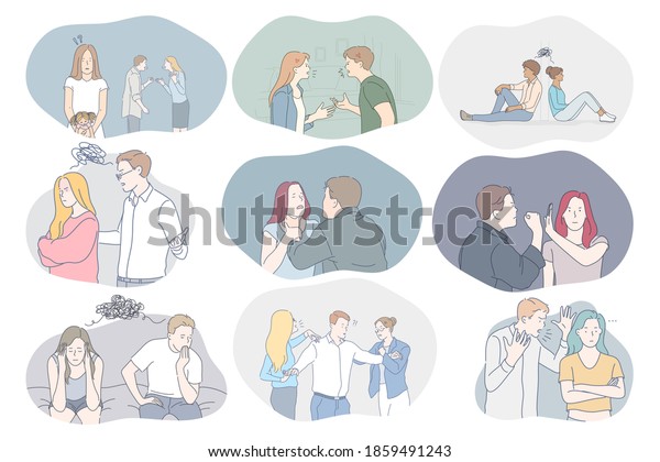 Conflicts in couple, misunderstanding, problems in\
communication concept. Young couples arguing, fighting, having\
problems with mutual understanding and quarrelling with each other\
illustration 