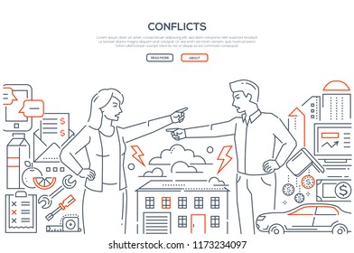 Conflicts - line design style banner on white background with place for your text. A composition with a young couple having a disagreement, quarrel, shouting at each other. Relations concept