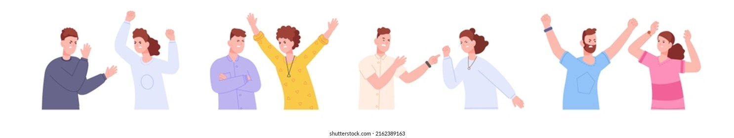 Conflicts lovers. Angry couple unhappy relationships, shouting girlfriend jealous boyfriend, brawl conflicted contempt friends, spouse getting divorce, vector illustration of relationship conflict