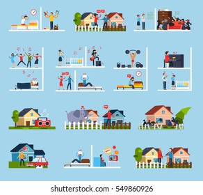 Conflicts with neighbors icons set with noise symbols flat isolated vector illustration 