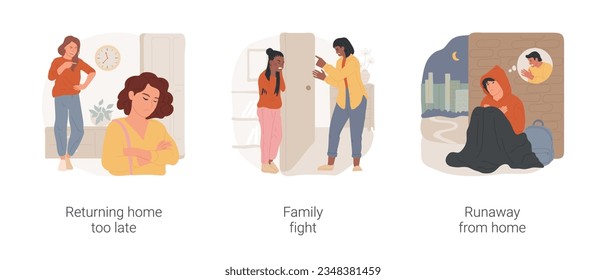 Conflicts with parents isolated cartoon vector illustration set. Teenager returning home too late, angry parents, family fight, teen yelling and closing door, runaway from home vector cartoon.